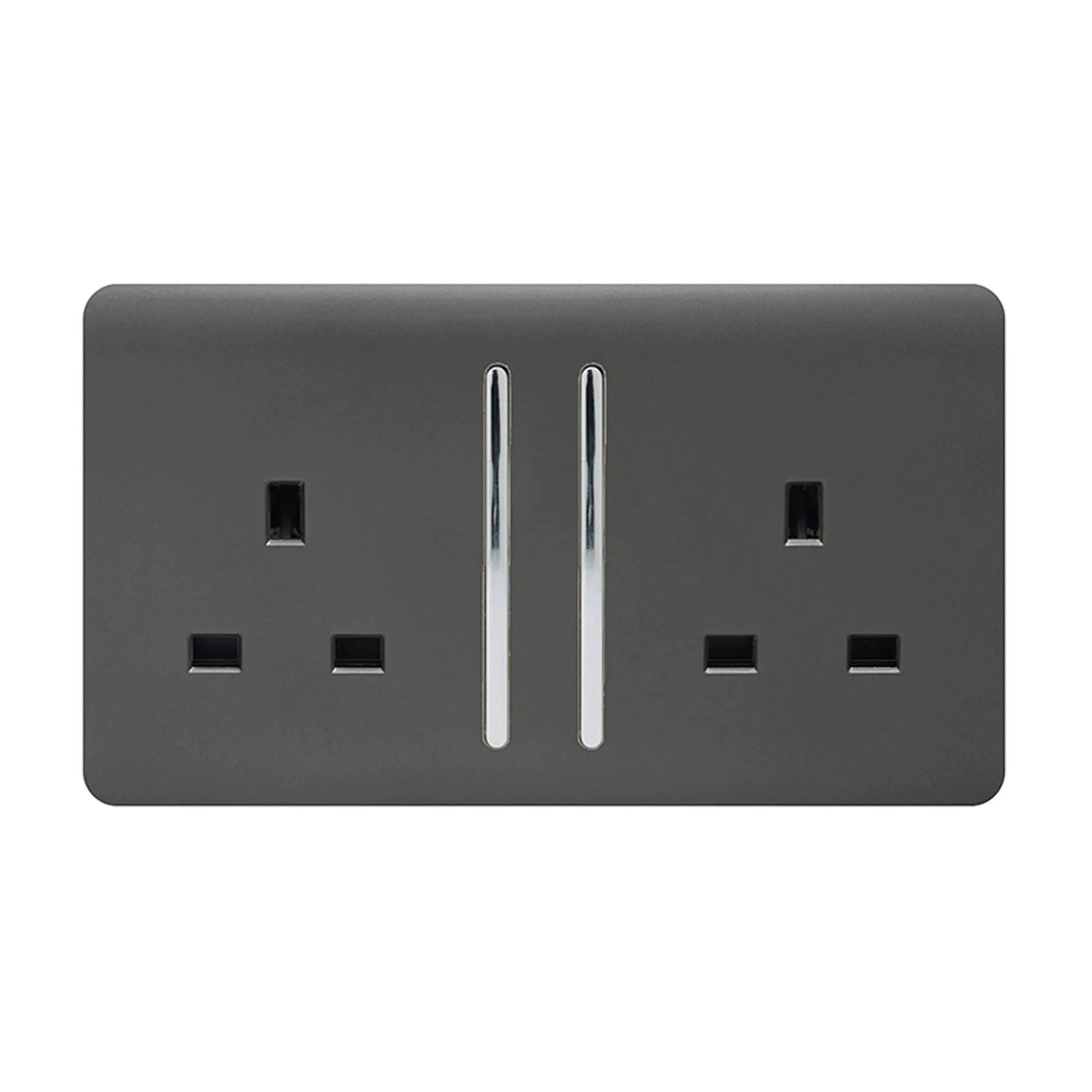 2 Gang 13Amp Long Switched Double Socket Chrome Rocker Charcoal Finish